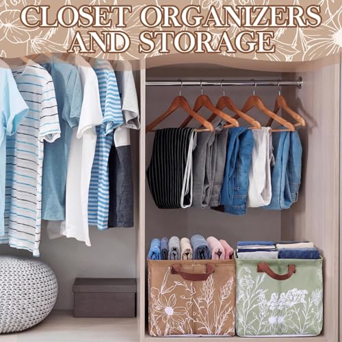 Image of Fourluoo 6 Pack Floral Storage Basket with Handles Clothes Storage Basket Bin Foldable Box Bins Organizer for Closet Shelf Nursery Kid Room Book Toy Chest(6,Flower Line Drawing)