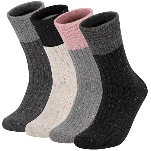 Beaulov 4 Pares de Calcetines de Lana Merino para Mujer, Diseño Único Suaves Cálidos, Calcetines Cómodos y Casuales para Mujer, Lana Femeninos Adorables Regalo
