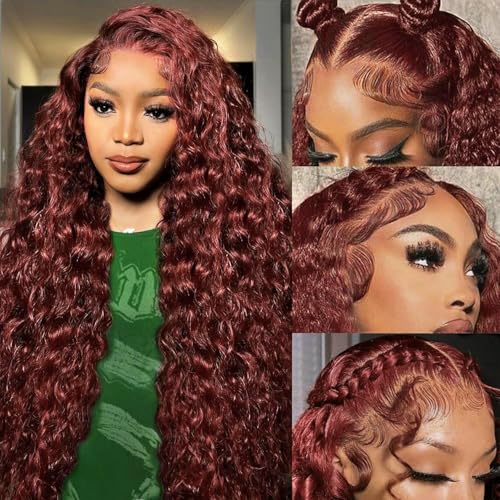 Reddish Brown Lace Front Wigs Human Hair 30 Inch Reddish Brown Curly Lace Front Wig 180 Density 33# Deep Wave 13x6 HD Lace Frontal Wigs Human Hair Pre Plucked for Women Colored Human Hair wig
