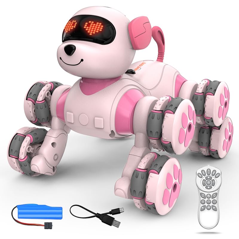 Paaxido 8WD Stunt RC Car Robot Dog Toys for Girls Age 3+, 2.4GHz Remote Control Car Dog Toys with LED Eyes, Smart Interactive Programmable Robot Gift for Boys & Girls Age 3 4 5 6 7 8 Year Old
