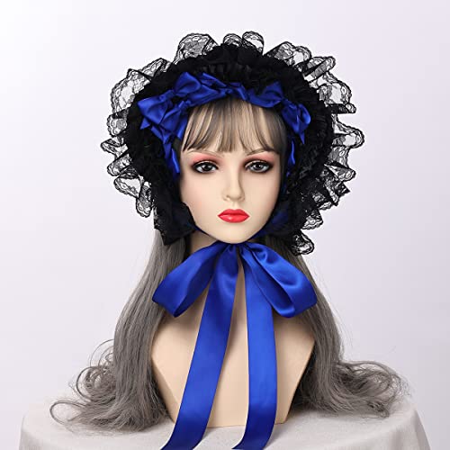 COSDREAMER Girls Women Victorian Bonnets Lace Flowers Tea Party Hats (Black blue) - Image 3