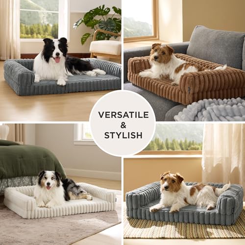 BEDSURE orthopädisches Hundebett Grosse Hunde - 89x64x18cm wasserdichtes Hundesofa mit Memory-Schaum & Eierkarton-Schaum, waschbarer und Abnehmbarer Cordbezug Hundecouch, Creme