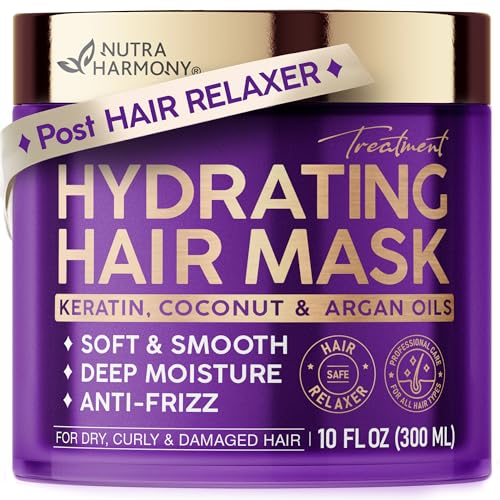 Hydrating Hair Mask – Post Hair Relaxer for Damaged & Dry – Deep Conditioning Keratin Treatment for Curly & Color-Treated – Soft, Smooth, Anti-Frizz & Split Ends Repair with Collagen, Biotin – 10 oz