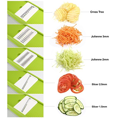 K BASIX Mandoline Slicer - Adjustable Vegetable Cutter, Grater & Slicer, With 5 Built-in Ultra Sharp Interchangeable Stainless Steel Blades, Food Storage, And Safe Hand Protector