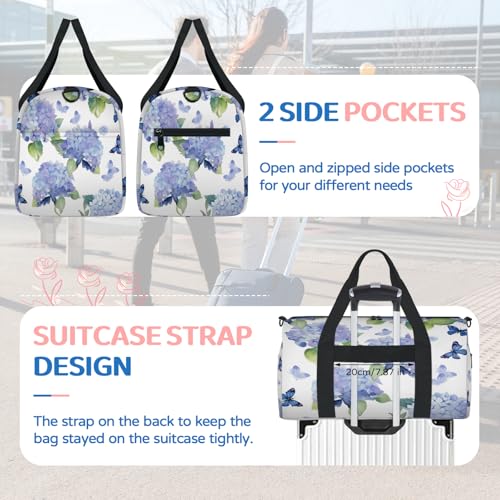 Watercolor Blossoms Hydrangea Sports Duffle Bag for Women Men Waterproof Overnight Weekender Bag with Adjustable Strap Travel Tote Bags for Beach Yoga Work Dance Swim4