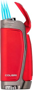Colibri E3 Triple Jet Butane Flame Lighter - Angled Torch with Single Action Ignition, Refillable Windproof Pocket Lighter with Fuel Adjuster & Gift Box Red