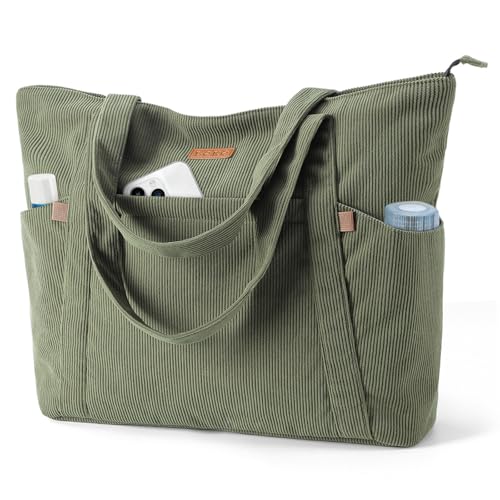 Lekespring Cord Tasche Damen, Groß Tote Bag Strandtasche mit Reißverschluss, Shopper...