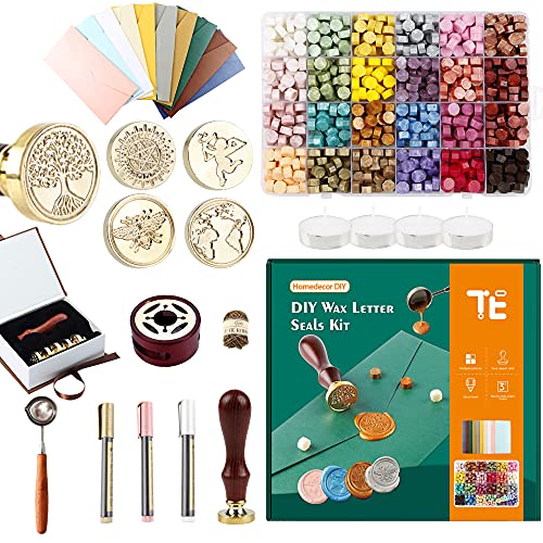 720pcs Wax Seal Stamps,Wax Letter Seals Kit with 24 Colors-Vintage Wood Stamp Removable Head Sealing Stamp Wax Stove, Copper Heads Wax Warmer, Wax Beads for Stamp Seals,Wax Stamp Kit for Gift