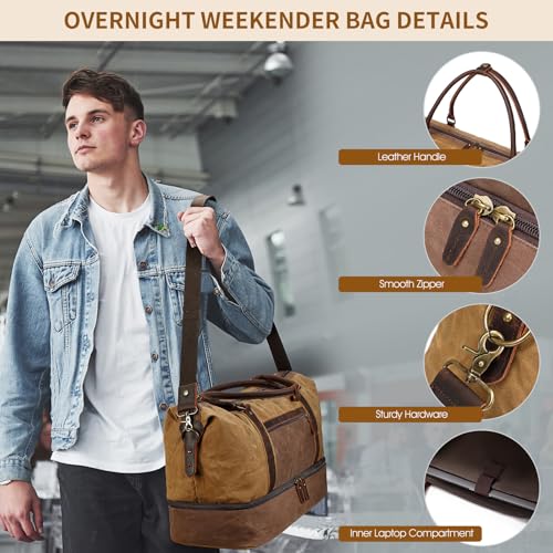 Vintage Duffle Bag for Travel: Weekender Overnight Leather Bag Waterproof Waxed Canvas Duffel Bag with Shoe Compartment & 2 Packing Cubes, Heavy Duty Camping Flight Bags for Mens (Khaki)3