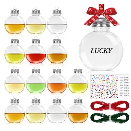 15pcs Christmas Booze Balls,50ml Clear Plastic Fillable Ornament Balls with Screw Off Cap, Ribbons, Stickers,DIY Christmas Tree Hanging Ornament Bottles for Party, Wedding, Christma Decorati