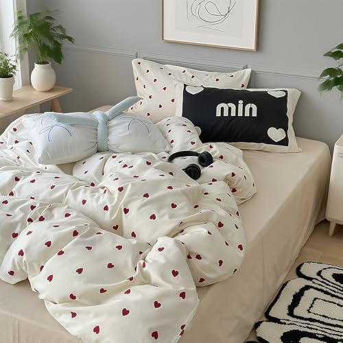 ALKNOT - Bettwäsche 135x200 Weiß mit Roten Herzen Bettbezug...