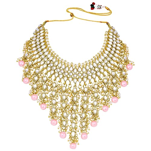 Image of Peora Kundan & Beads Studded Necklace Earrings & Maangtikka Set Ethnic Jewellery for Women & Girls