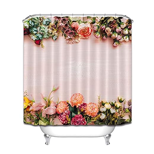 Duschdraperi i 3D-badrum, ett retroblommönster med en rosa bakgrund Duschdraperi mot mjöldagg av polyestertyg 240(W) x180(H) cm