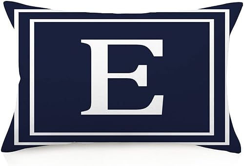 Fundas de almohada lumbares decorativas con letras iniciales y patrón geométrico, letra E, color azul marino, monograma, funda de cojín para sofá,