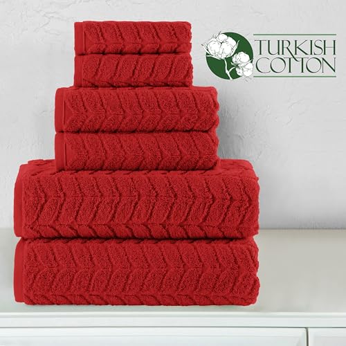 Image of Elegant Comfort Luxury 6-Piece 100% Turkish Cotton Jacquard Braided Textured Premium Hotel Quality Towel Set- Soft and Absorbent, Includes 2 Bath Towels, 2 Hand Towels and 2 Washcloths, Red
