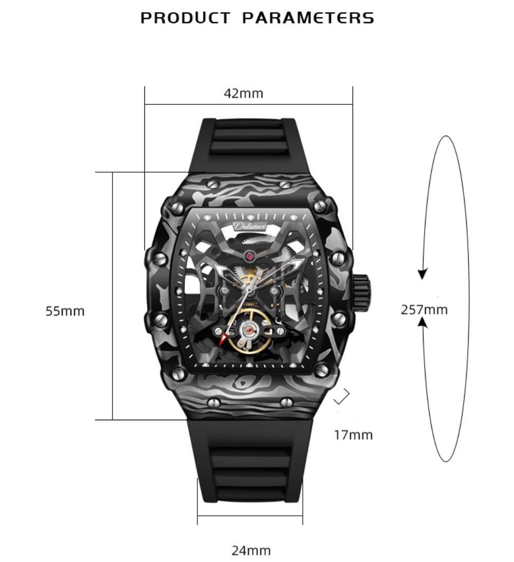 Innovative schwarze hohle Skelett-Herrenuhr, automatisch, mechanisch, Gehäuse aus Kohlefaser, Gehäuse aus Legierung, Tourbillon-Armbanduhr, leuchtendes Silikonband, wasserdicht