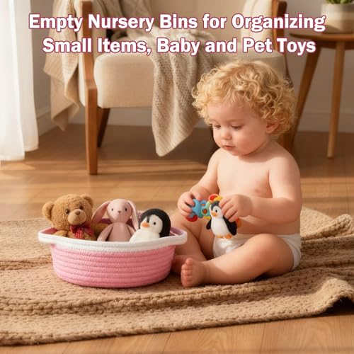 Image of Basket for Gifts Empty, Small Woven Basket with Bags and Ribbons, Baby Toy Baskets with Handles, Wicker Storage Bin for Baby Showers or Pet Toy (Pink, 1 Pack (12 inchx 8 inchx 3.74 inch))