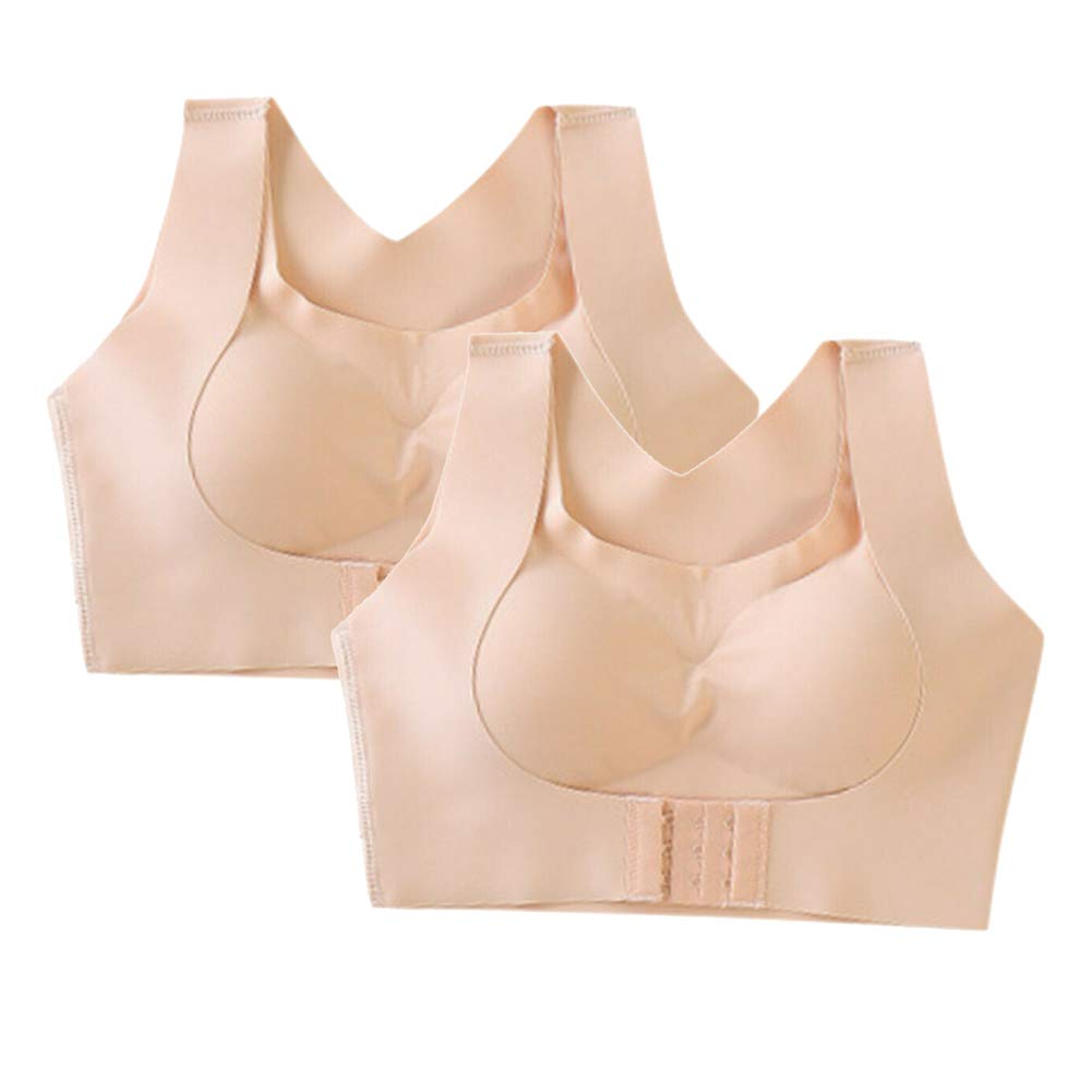 KUANDARM2 Pcs Seamless Front Buckle Support Bra,2-in-1 Womens Full Coverage Front Closure Wire Free Back Support Posture Bra (color,L)