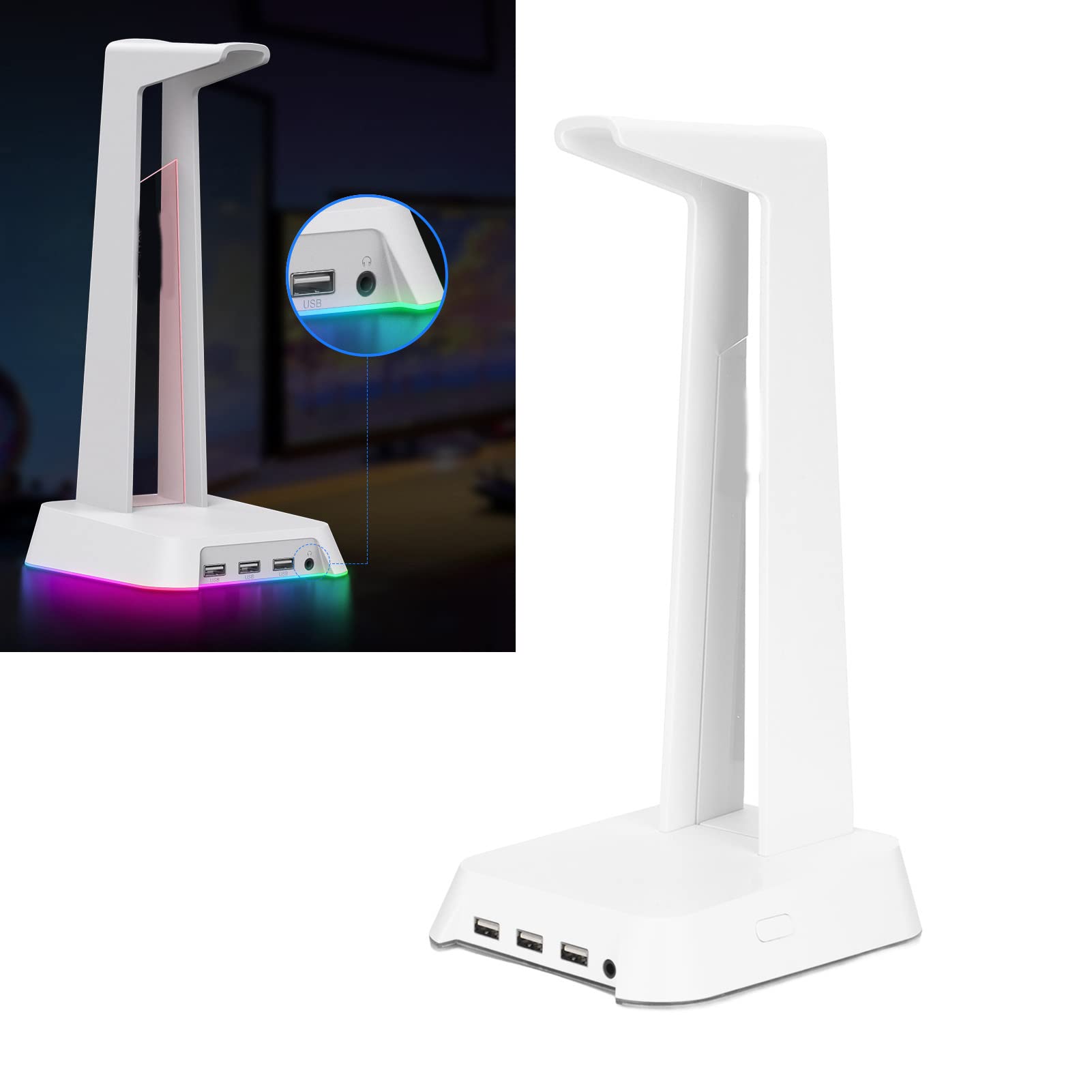 Cyrank Supporto per Cuffie RGB, Supporto per Cuffie da Gioco Supporto per Auricolari da Tavolo 2 in 1 con 3 Porte di Ricarica USB Fantastici Accessori da Scrivania per Tutte Le Cuffie(Bianco)