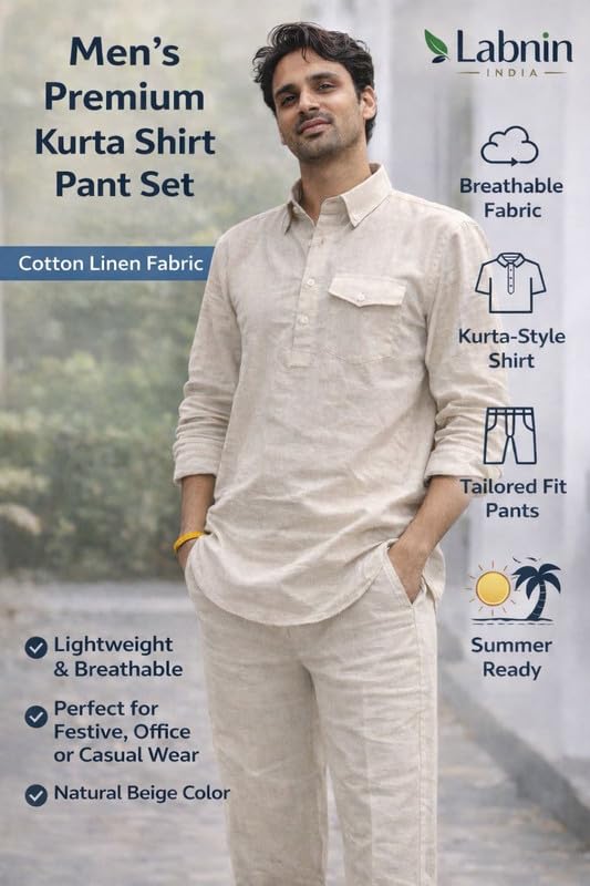 Image of Men's Linen Blend Cord Set Loungewear | Lightweight Breathable Summer Co-ord Set | Relaxed Fit Shirt & Elastic Waist Pants | Comfortable Travel, Beach & Casual Lounge Wear| S-2XL |