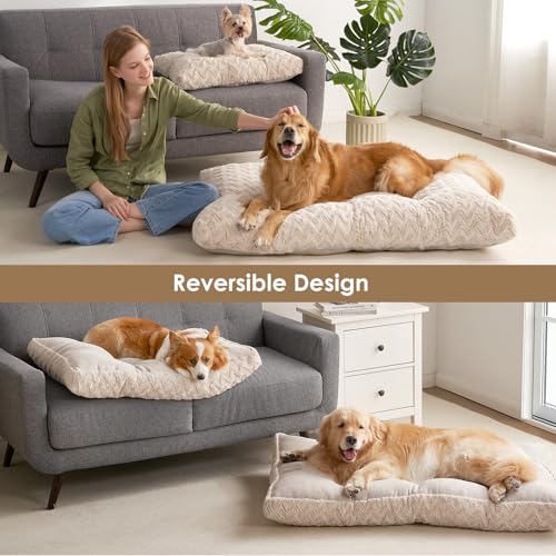 EHEYCIGA Hundebett Grosse Hunde Waschbar, 104x68cm, XL Hundekissen Flauschig für große Hunde, Kuschelig Umkehrbare Hundematte mit Kunstpelz und Kunstleinen, Beige