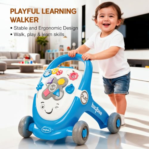 Image of Baybee Oleo Baby Walker for 6-18 Months | Activity Push Walker with Music & LED Lights | Stable Wheels, Easy Grip Handle | Educational Walker for Boys & Girls 0-2 Years (Blue)