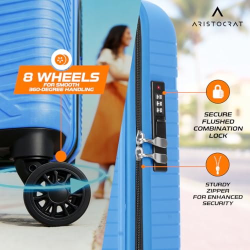 Image of Aristocrat Envoy Cabin Trolley Bag 55cm | Small Hard Luggage | 8-Wheel Suitcase for Travel | Combination Lock with Sturdy Zipper | Polypropylene | 3 Years International Warranty (Ocean Blue)