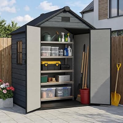 ZYJOYY Outdoor Storage Shed 6x4.4 FT with Floor, 16mm Resin Tool Shed for Backyard, Garden, Waterproof Lockable Storage House with Window & Vents for Patio Furniture, Bikes, Lawn Equipment, Dark Grey