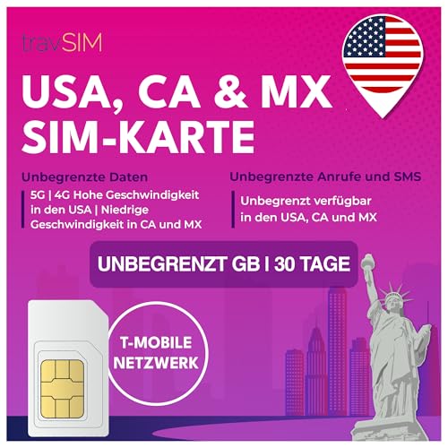 travSIM USA, Canada Mexico SIM Karte | T-Mobile-Netzwerk | 50 GB Daten für die USA, 5 GB für Kanada und Mexiko | Unbegrenzte Inlandsgespräche und SMS | Gültig für 30 Tage