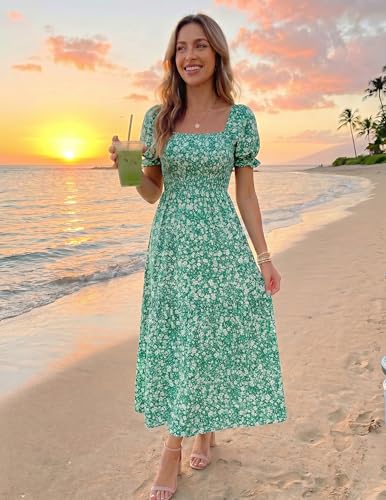 Image of ZESICA Women's 2026 Summer Boho Floral Print Dress Square Neck Ruffle Swing Beach Vacation Long Maxi Dresses