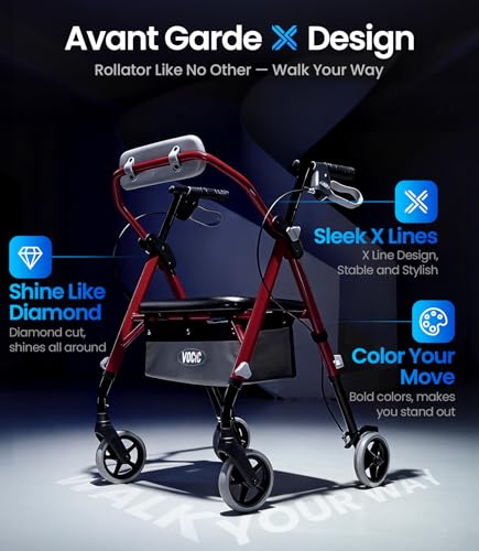 Image of VOCIC Z11 Rollator Walker for Seniors with Seat, 380 LBS | Lightweight Design with Ergo Seat & Backrest, Height Adjustable & Easily Foldable for Seniors' Mobility, Blue