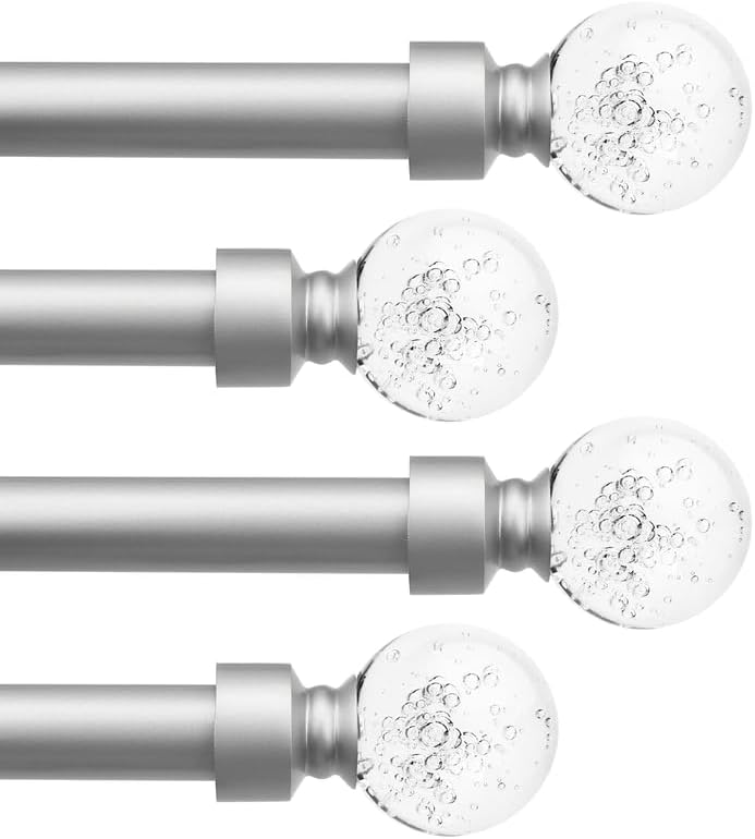 knobelite 4 Pack Satin Nickel Window Treatment Single Curtain Rods, Adjustable Curtain Rod from 36 to 72 Inches with Crystal Finial Finials,1-Inch Curtain Rods for Windows 36''-72''|4 Pack Satin Nickel