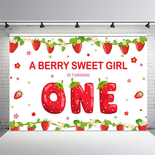 MEHOFOND Strawberry Girl First Birthday Party Photo Background Banner Berry Sweet Girl 1st One Birthday Red and Green Fruits