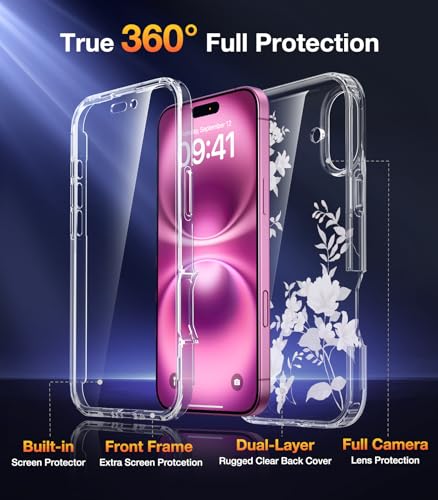 Image of Diaclara Designed for iPhone 16 Plus Case, Full Body Rugged Case with Built-in Touch Sensitive Anti-Scratch Screen Protector, Upgraded [Full Camera Protection] for iPhone 16 Plus 6.7 inch,Clear Flower
