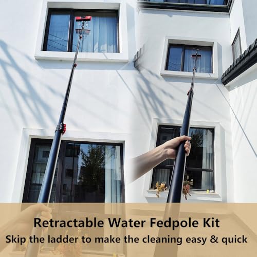 Kit professionale con asta di alimentazione dell'acqua da 35 cm con spazzola rotante a 180° e tubo espandibile da 20 m, perfetto per la pulizia di pannelli solari e finestre