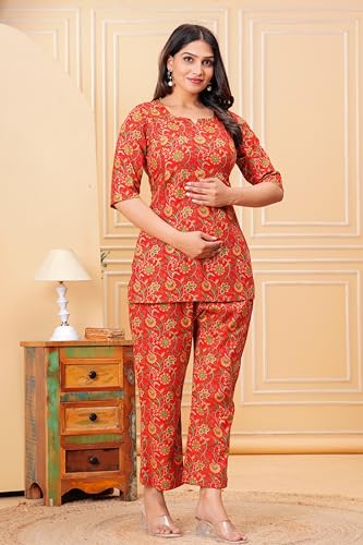 Image of Women Cotton Printed Co-Ord Set Kurta with Pant Set | Cotton Floral Printed Anarkali Maternity Feeding Kurta with Zipper /Maternity