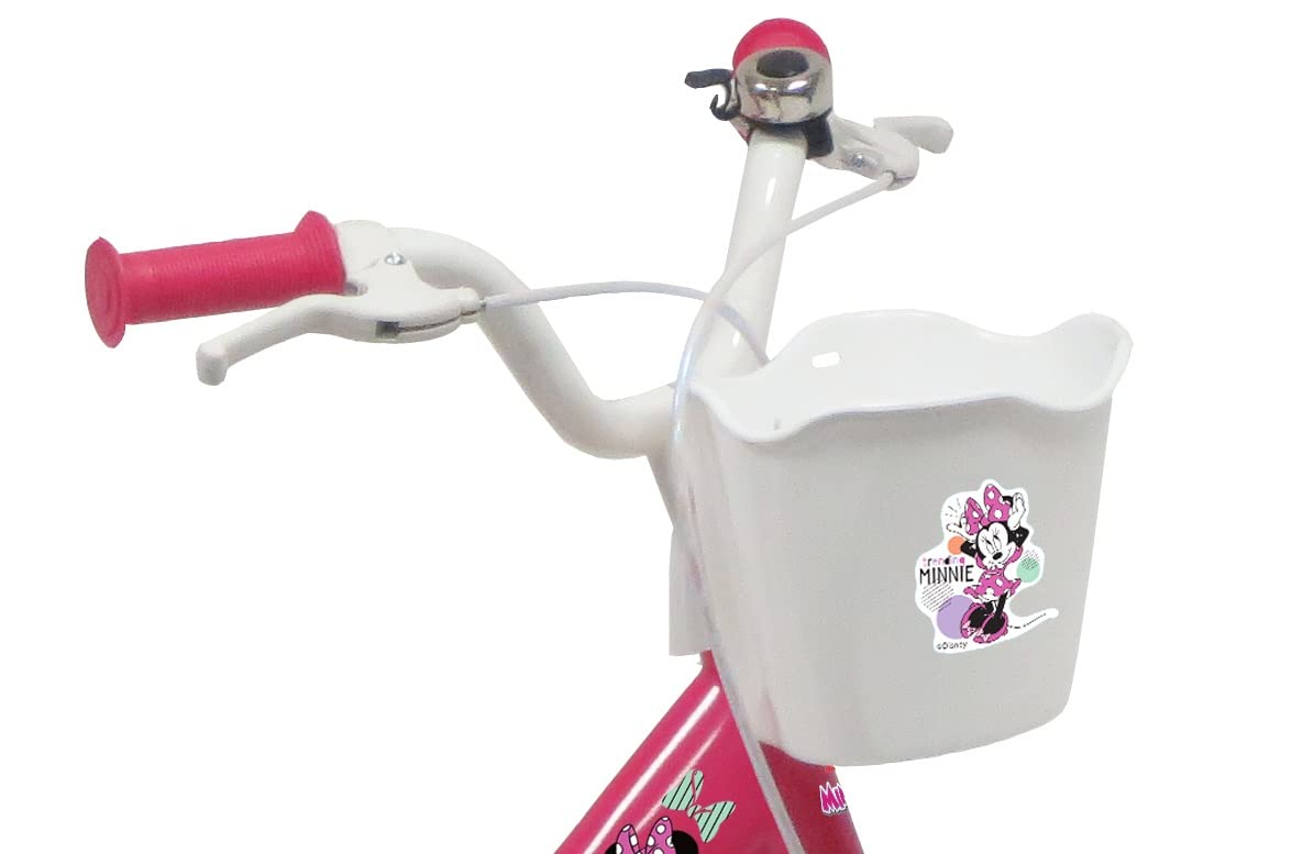 Vélo Enfant 16'' Fille Minnie/Disney équipé de 2 Freins, Panier Avant, Porte poupée arrière, Garde-boues et Stabilisateurs + Casque Minnie Inclus !