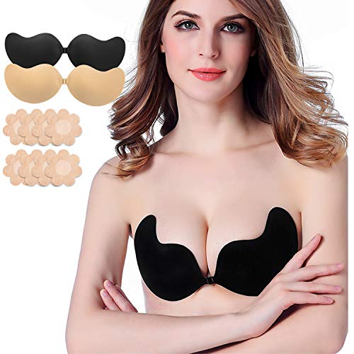 Adhesive Bra, 2 Pack Reusable Invisible Sticky Bra for Women with Nipple Covers Nude/Black