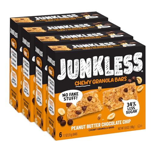 Junkless Peanut Butter Chocolate Chip Chewy Granola Bars - Less Sugar, Great Tasting, Wholesome Snacks - Bulk Granola Bars - 1.1 oz. Bars, 4 Boxes