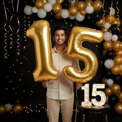 Image of Balloonistics Gold 40-Inch Foil Number 15 Balloon with Matching LED Marquee Light - Combo Set for 15th Birthday, Anniversary, Party Decoration, Photo Booth Backdrop