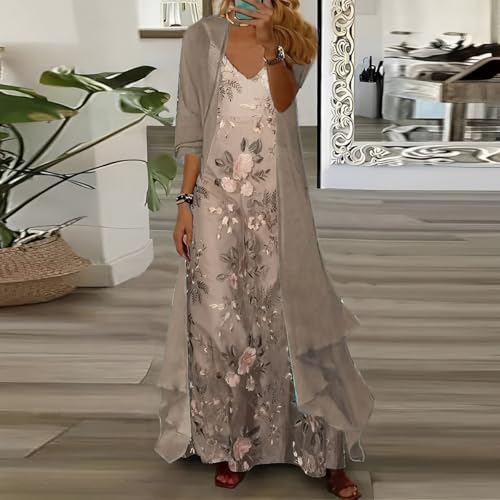 Akivide Womens's Casual 2 Piece Set Boho Floral Print Maxi Dress with Cardigan Flowy Chiffon Wedding Guest Dresses for Women2