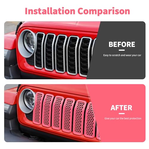 Image of Front Grill Insert Mesh Grille Inserts Cover Kit 7Pcs Compatible with 2024-2025+ Jeep Wrangler JL JLU & Gladiator JT Exterior Accessories (Pink)