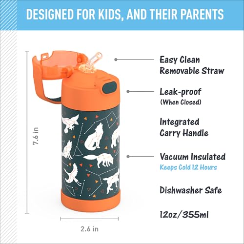 Image of THERMOS FUNTAINER Water Bottle with Straw - 12 Ounce - Kids Stainless Steel Vacuum Insulated Water Bottle with Lid, Night Trek