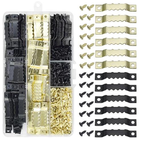 Image of 240Pcs Sawtooth Picture Hangers Metal Central Pressure Groove Black and Gold Zigzag Frame Hanger with Screws for Hanging Heavy Picture Canvas Paintings Photos Frame Board Clock Artwork Clipboard