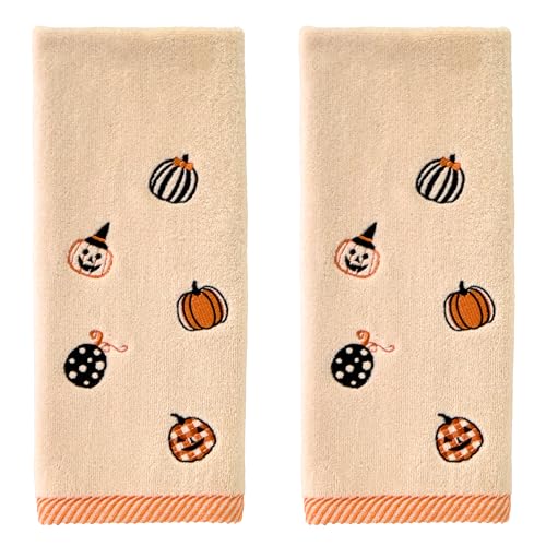 SKL Home Halloween Tossed Pumpkins 100% Cotton Embroidered 2pc Hand Towel Set Decorative for Bath/Kitchen/Bar & Gift Taupe