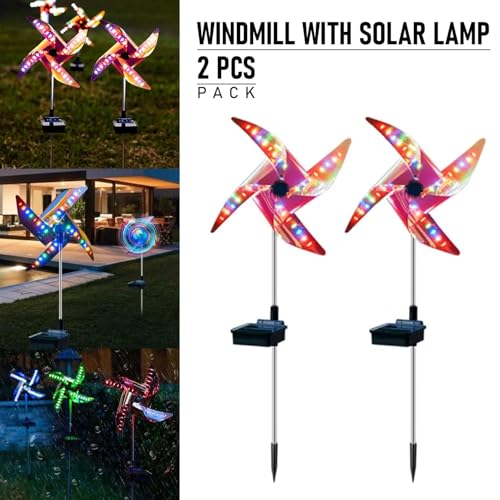 Image of GIGALUMI GL-510 32 LED Solar Wind Spinner Lights with 2V Panel 8 Modes 600mAh Ni-MH Battery Stake Pinwheels Lamp for Pathway Decor Garden Lawn Walkaway (Pack of 2, RGB)