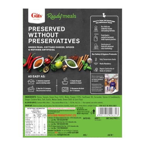 Image of Gits Ready to Eat Matar Paneer, Pure Veg, Heat and Eat Spicy Curry, Microwaveable, 285g