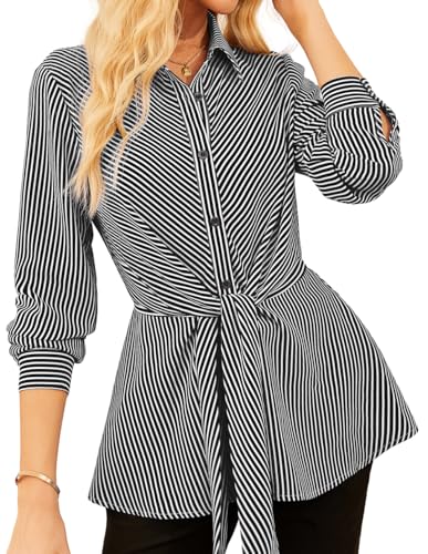GRACE KARIN Peplum Tops for Women Tie Front Striped Button Down Shirt Collared Long Sleeve Business Casual Work Office Blouse