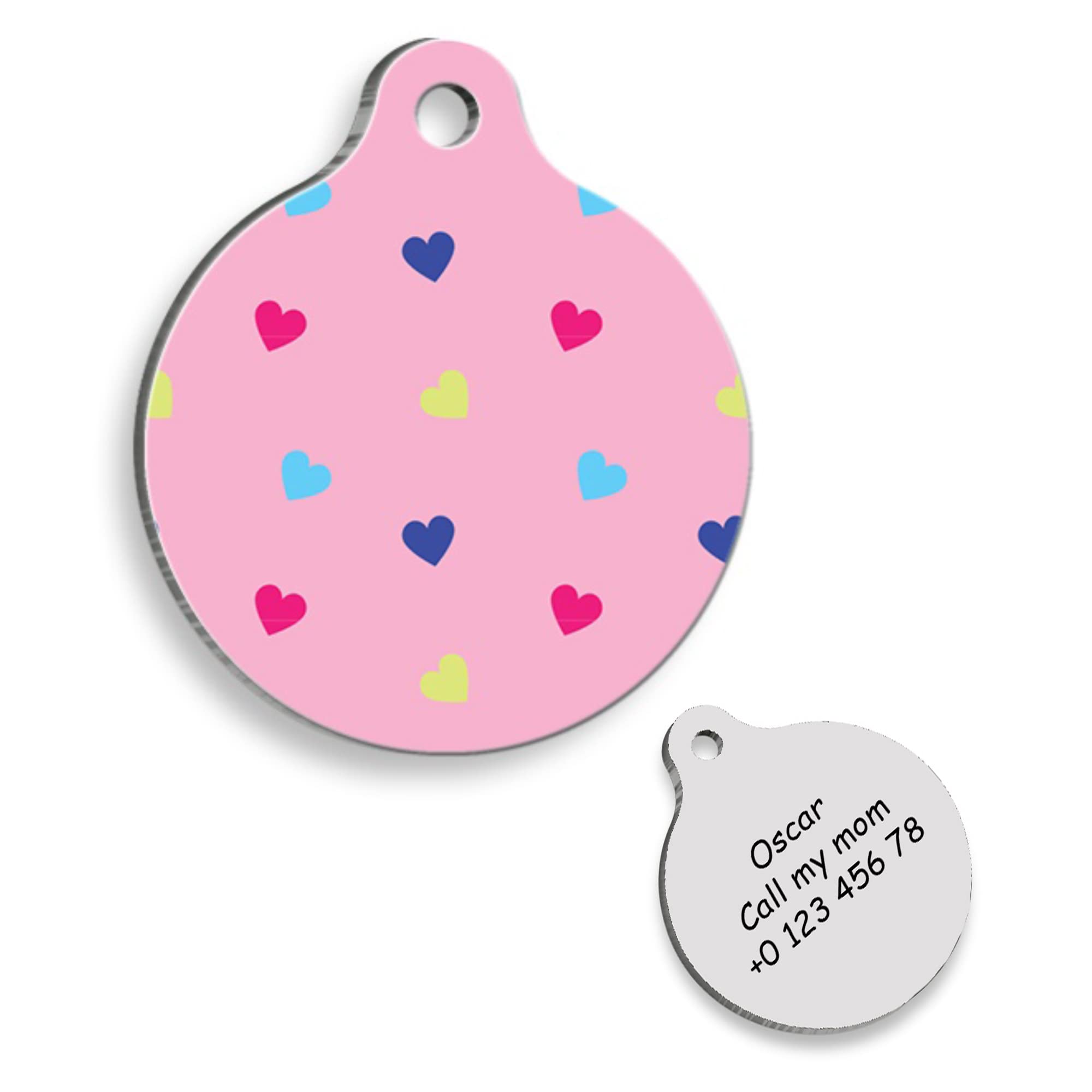 Pink Colorful Hearts Personalized Dog Tag - Custom Name Tag - ID Tag for Dog & Cat - Customized Pet Tags - Dog & Cat Name id Tag - Dog Name Tag - Engraved Dog Tag