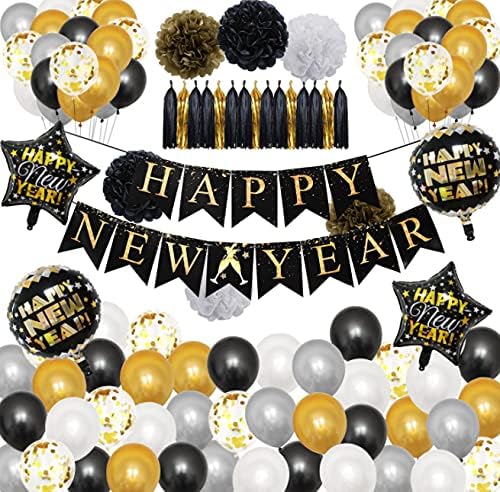 eBoutik - Happy New Year 2023 Decorations - Party Accessories for Indoors & Outdoors - New Years Eve Party Pack (Happy New Year (Black, White , Silver, Gold))